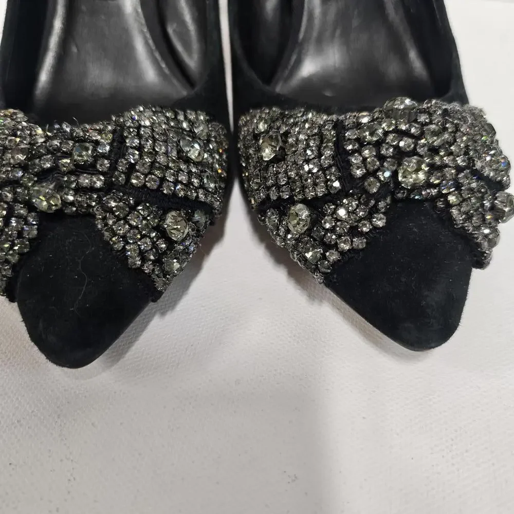 Audrey Brooke‎ Black Suede Heels with Bejeweled Bow 6M - Picture 5 of 7